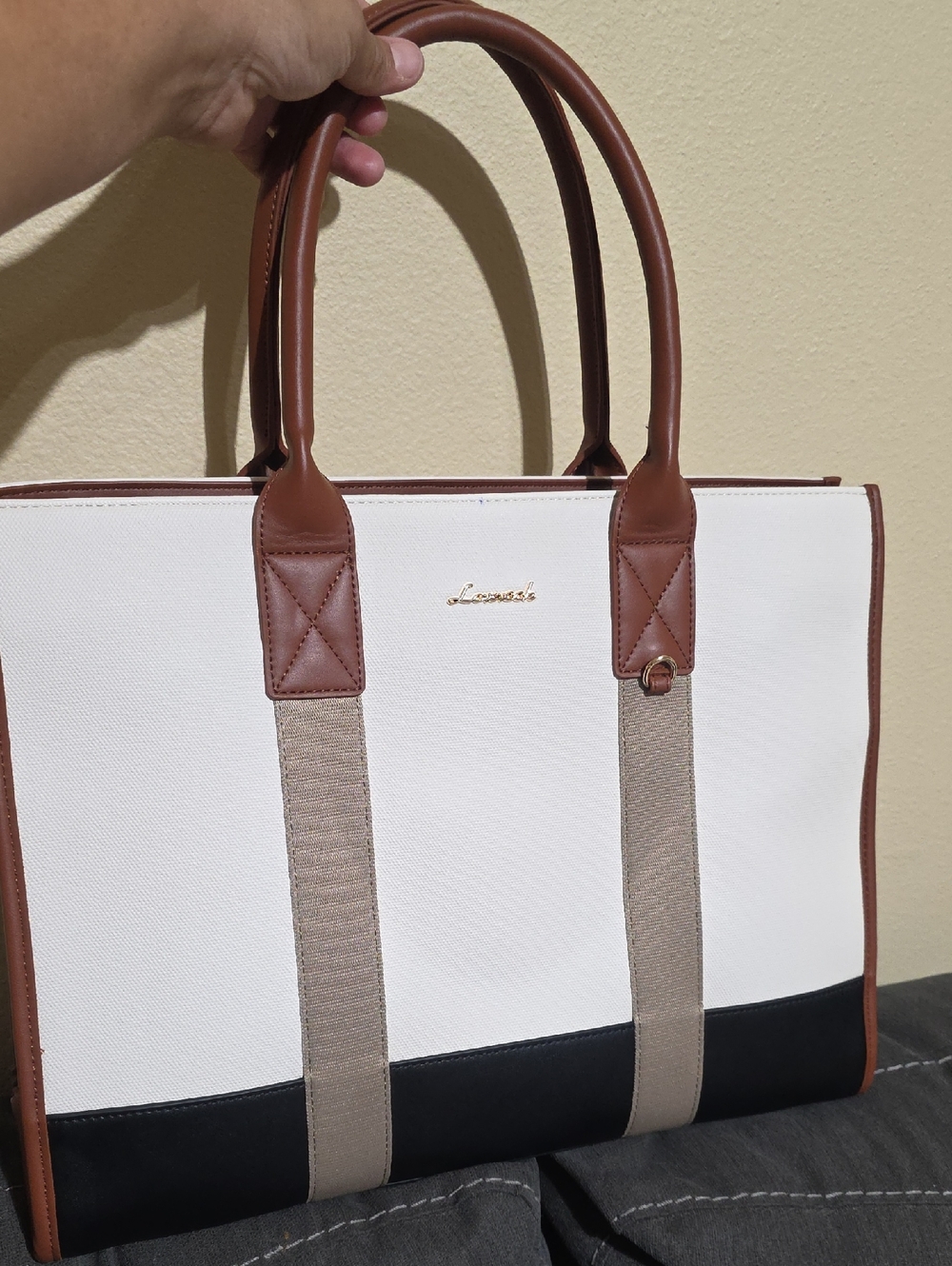 Lovevook White, Brown & Black Canvas Tote